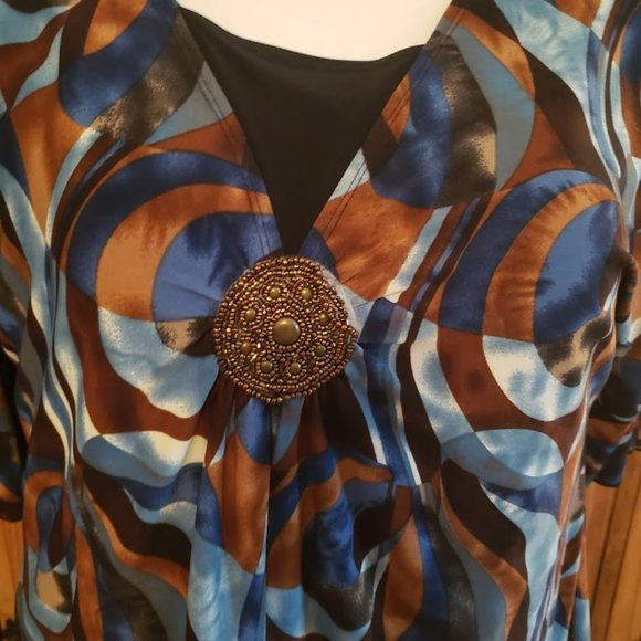 Susan Lawrence Tunic Top 1x brown teal bronze black slinky spandex - Picture 3 of 8